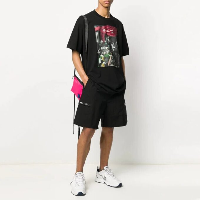 Caravaggio Painting Pattern Solid Color Short Sleeve Loose Fit Black