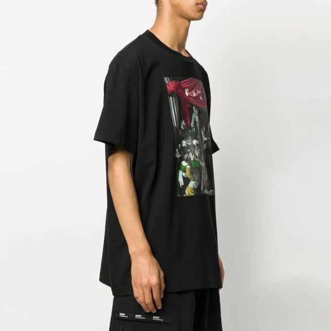 Caravaggio Painting Pattern Solid Color Short Sleeve Loose Fit Black