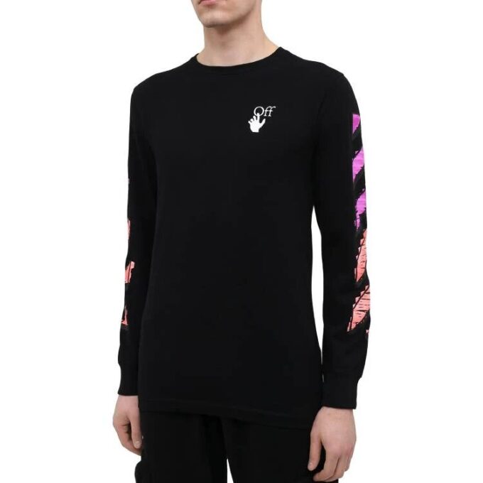 Mens Black Long-Sleeve Diagonal Striped