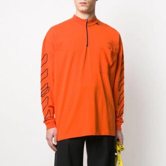 Off-White Men’ s Abstract Logo Printing Half Zipper Round Neck Loose Fit Orange Off-White Men’ s Abstract Logo Printing Half Zipper Round Neck Loose Fit Orange