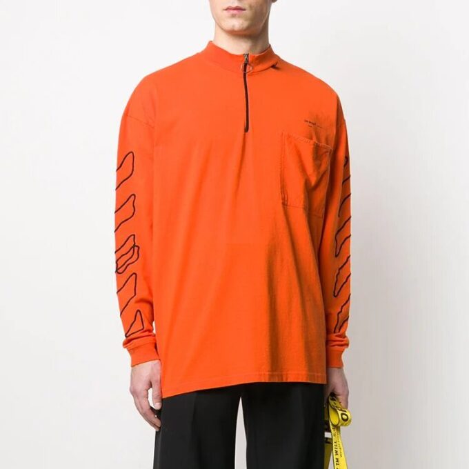 Off-White Men’ s Abstract Logo Printing Half Zipper Round Neck Loose Fit Orange