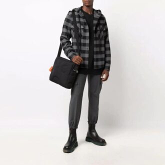 Off-White Men’ s Arrow Flannel Plaid Crossover Long Sleeves Black Shirt