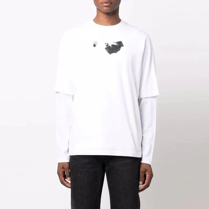 Off-White Men’ s Arrow Pattern Printing Double Layer Sleeve Long Sleeves Loose Fit White T-Shirt