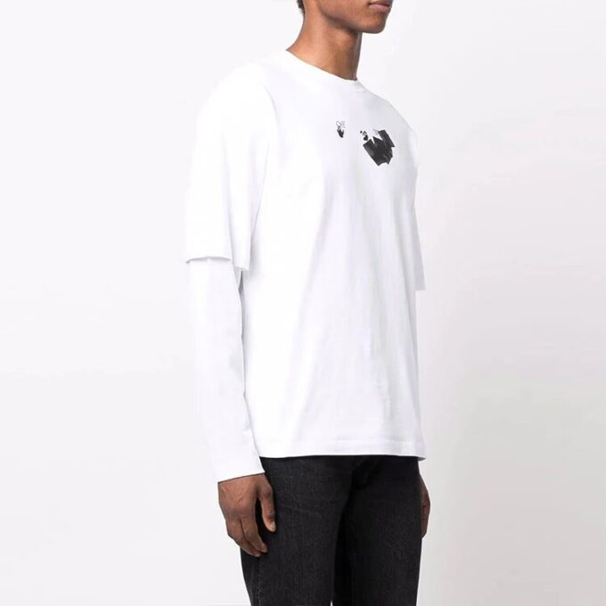 Off-White Men’ s Arrow Pattern Printing Double Layer Sleeve Long Sleeves Loose Fit White T-Shirt