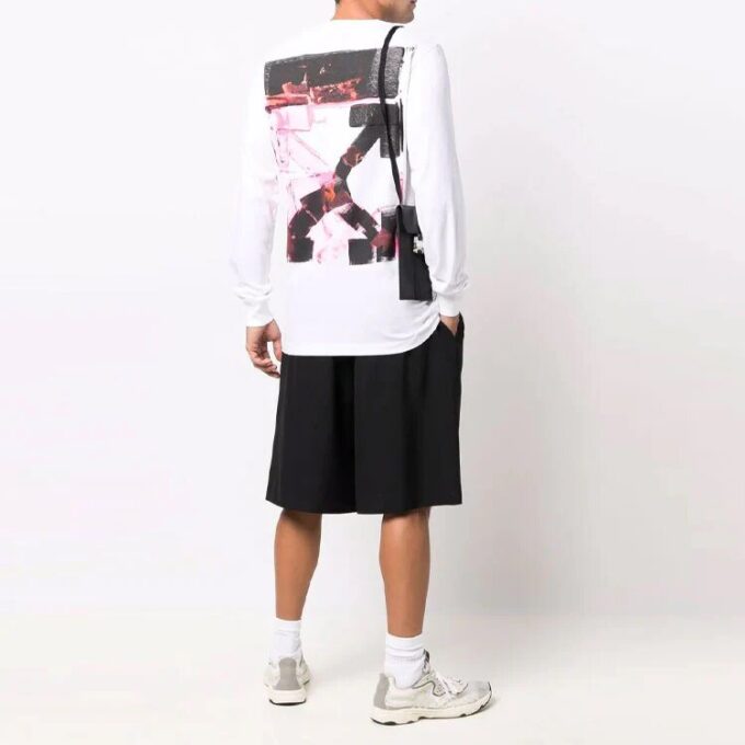 Off-White Men’ s Arrow Pattern Printing Long Sleeves Ordinary White T-Shirt
