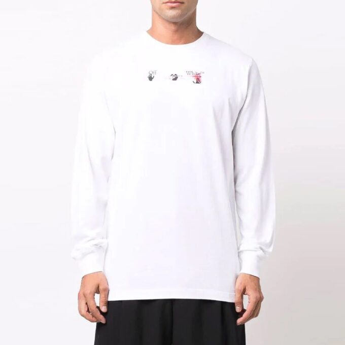 Off-White Men’ s Arrow Pattern Printing Long Sleeves Ordinary White T-Shirt