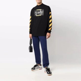 Off-White Men’ s Arrow Pattern Solid Color Bundle Feet Sports Pants/Trousers/Joggers Blue Off-White Men’ s Arrow Pattern Solid Color Bundle Feet Sports Pants/Trousers/Joggers Blue