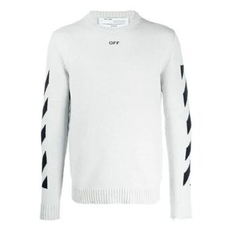 Off-White Men’ s Arrows Diagonal Stripes Intarsia Pullover Wool Sweater Slim Fit White Off-White Men’ s Arrows Diagonal Stripes Intarsia Pullover Wool Sweater Slim Fit White