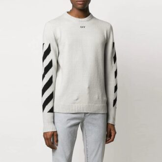 Off-White Men’ s Arrows Diagonal Stripes Intarsia Pullover Wool Sweater Slim Fit White Off-White Men’ s Arrows Diagonal Stripes Intarsia Pullover Wool Sweater Slim Fit White
