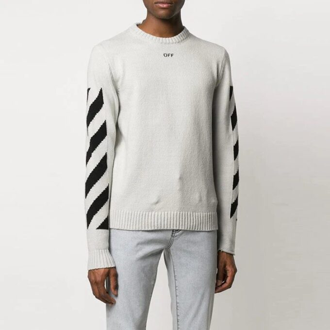 Off-White Men’ s Arrows Diagonal Stripes Intarsia Pullover Wool Sweater Slim Fit White