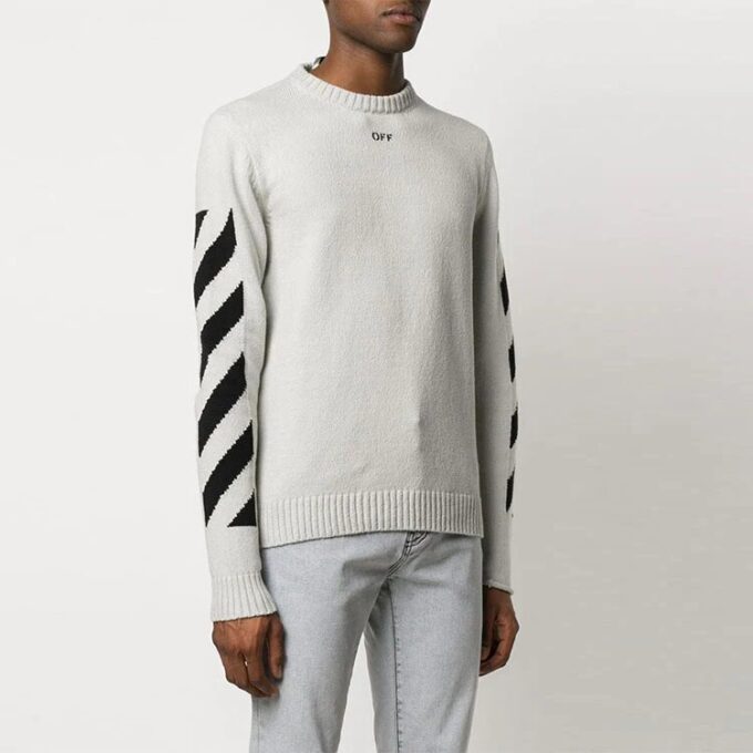 Off-White Men’ s Arrows Diagonal Stripes Intarsia Pullover Wool Sweater Slim Fit White