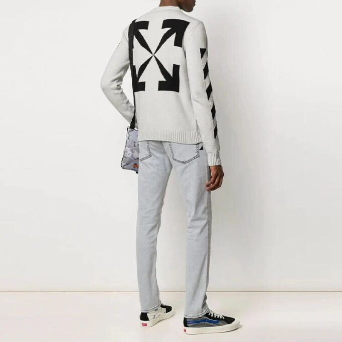 Off-White Men’ s Arrows Diagonal Stripes Intarsia Pullover Wool Sweater Slim Fit White