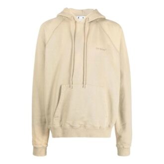Off-White Men’ s Back Stripe Pattern Printing Pullover Hooded Long Sleeves Loose Fit Beige