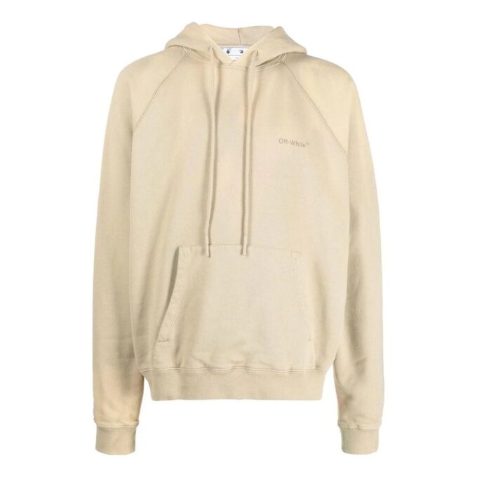 Off-White Men’ s Back Stripe Pattern Printing Pullover Hooded Long Sleeves Loose Fit Beige