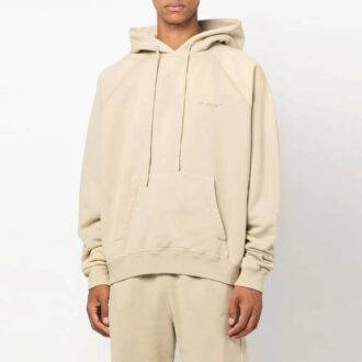 Off-White Men’ s Back Stripe Pattern Printing Pullover Hooded Long Sleeves Loose Fit Beige