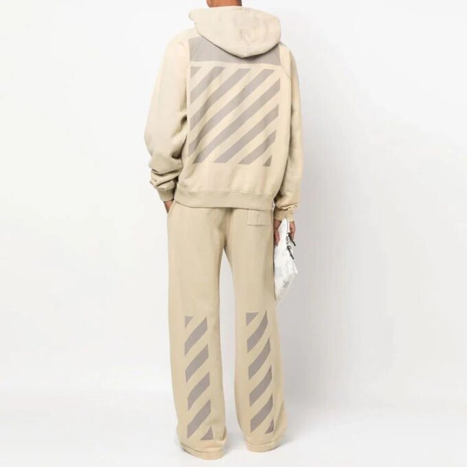 Off-White Men’ s Back Stripe Pattern Printing Pullover Hooded Long Sleeves Loose Fit Beige
