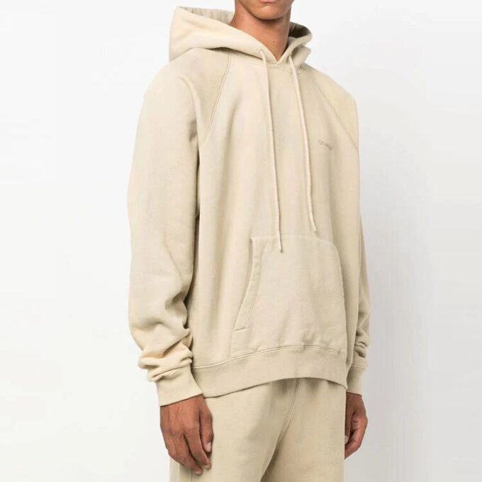 Off-White Men’ s Back Stripe Pattern Printing Pullover Hooded Long Sleeves Loose Fit Beige