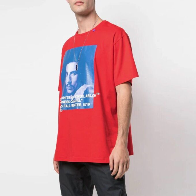 Off-White Men’ s Bernini Logo Printing Short Sleeve Loose Fit Red T-Shirt