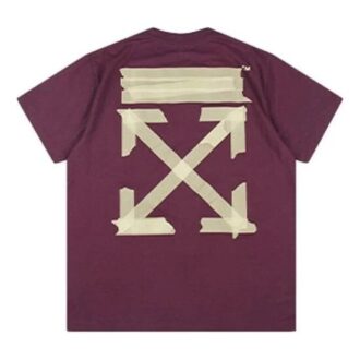 Off-White Men’ s Bronzing Arrow Rubber Strap Patch Short Sleeve Purple T-Shirt Off-White Men’ s Bronzing Arrow Rubber Strap Patch Short Sleeve Purple T-Shirt