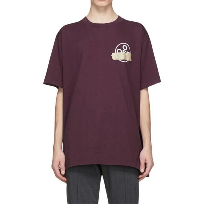Off-White Men’ s Bronzing Arrow Rubber Strap Patch Short Sleeve Purple T-Shirt