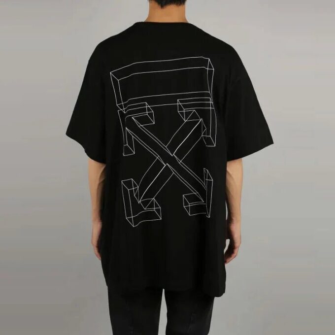Off-White Men’ s c/o Distress Black Gray 3D Sketch Arrow Short Sleeve Loose Fit T-Shirt