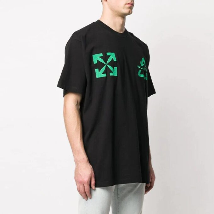 Off-White Men’ s C/O VIRGIL ABLOH Embroidered Logo Printing Short Sleeve Loose Version Black T-Shirt