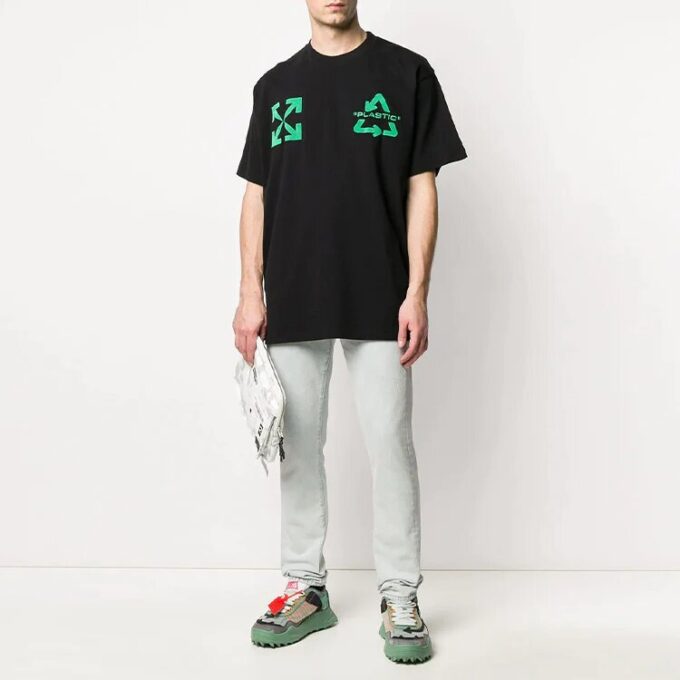 Off-White Men’ s C/O VIRGIL ABLOH Embroidered Logo Printing Short Sleeve Loose Version Black T-Shirt