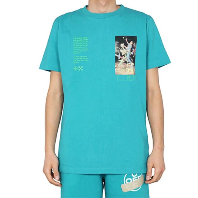 Off-White Men’ s C/O Virgil Abloh Skeleton Character Printing Short Sleeve Ordinary Version Blue T-Shirt
