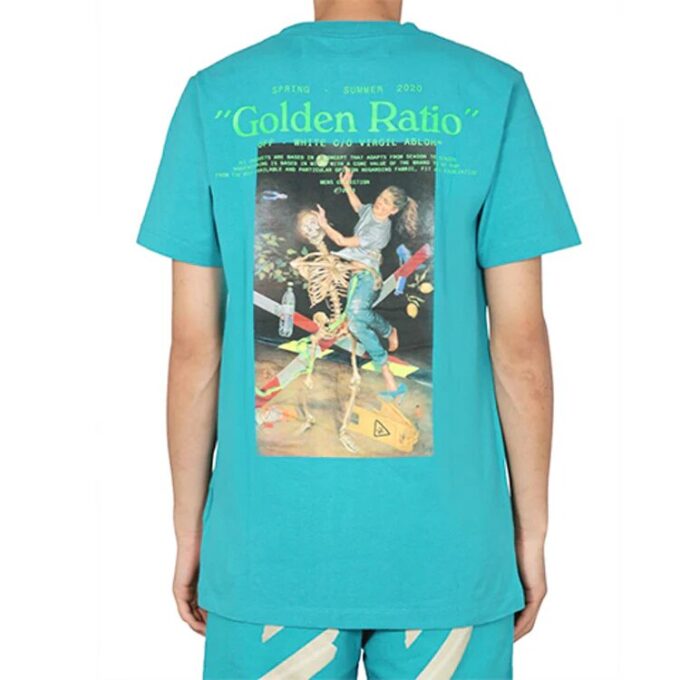 Off-White Men’ s C/O Virgil Abloh Skeleton Character Printing Short Sleeve Ordinary Version Blue T-Shirt
