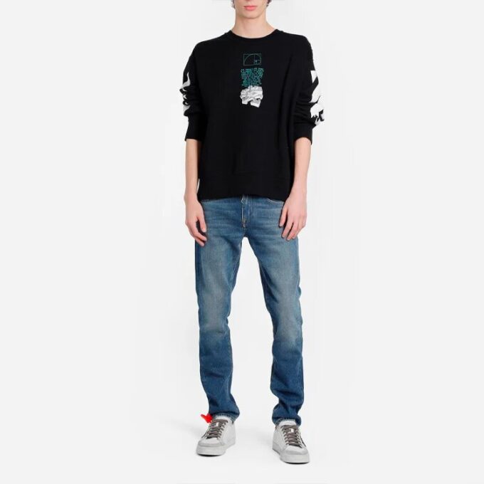 Off-White Men’ s C/O Virgil Abloh Slogan Arrow Printing Round Neck Black