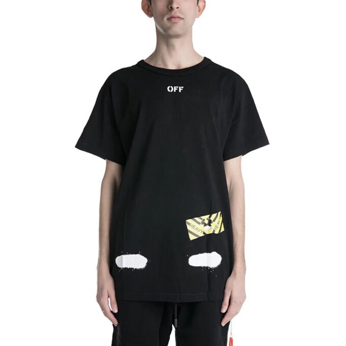 Off-White Men’ s C/O VIRGIL ABLOH Tiger Stripes Splash Ink Printing Short Sleeve Black T-Shirt