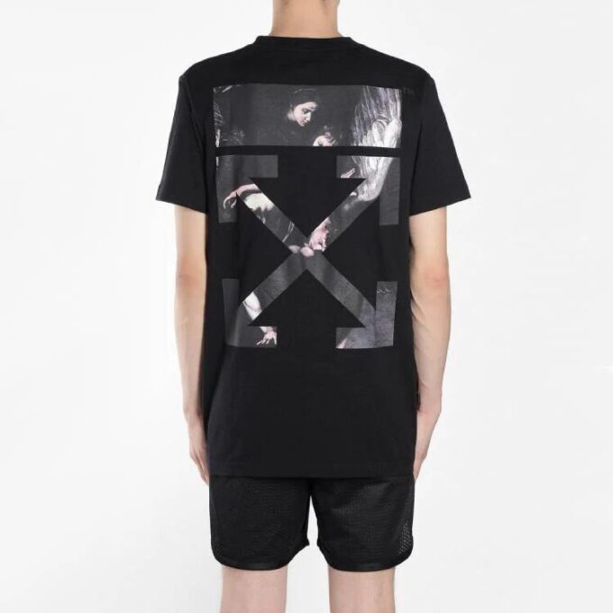 Off-White Men’ s Caravaggio Arrow Back Printing Short Sleeve Ordinary Version Black T-Shirt