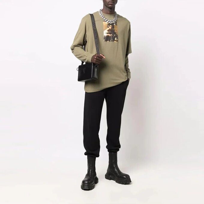 Off-White Men’ s Caravaggio Boy Printing Long Sleeves Loose Fit Military Green T-Shirt