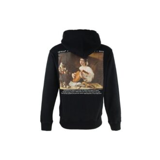 Off-White Men’ s Caravaggio Painting Character Alphabet Cotton Hooded Long Sleeves Pullover Black Off-White Men’ s Caravaggio Painting Character Alphabet Cotton Hooded Long Sleeves Pullover Black