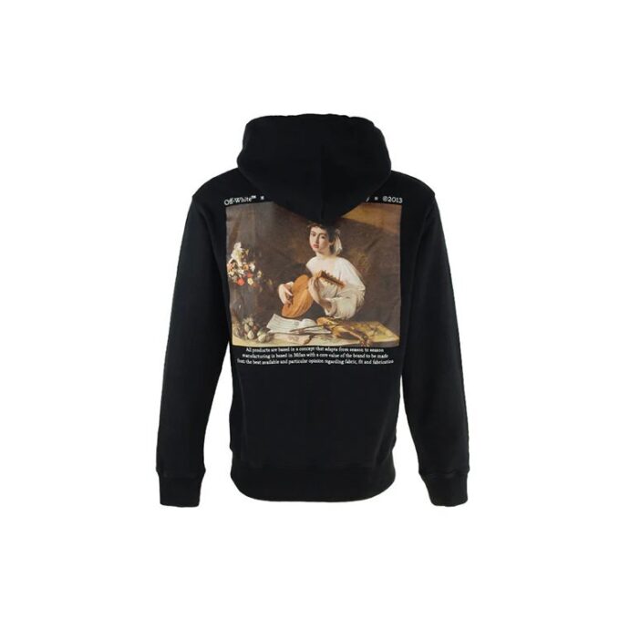 Off-White Men’ s Caravaggio Painting Character Alphabet Cotton Hooded Long Sleeves Pullover Black