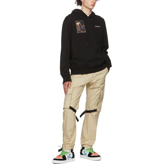 Off-White Men’ s Caravaggio Painting Character Alphabet Cotton Hooded Long Sleeves Pullover Black