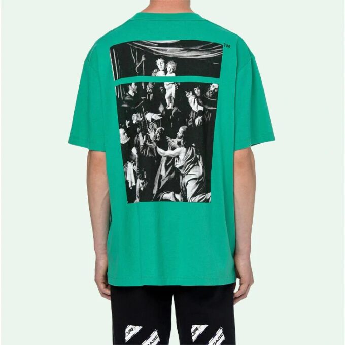 Off-White Men’ s Caravaggio Square Back Printing Short Sleeve Loose Version Green o Virgil Abloh Tee