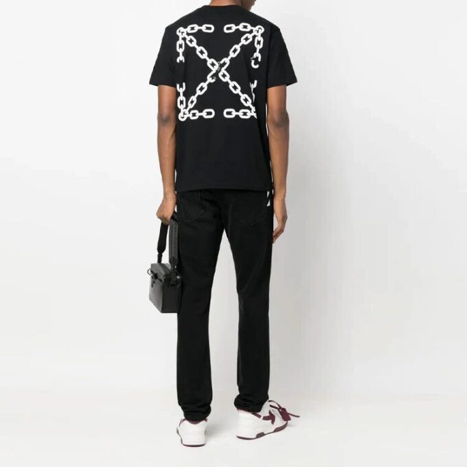 Off-White Men’ s Chain Arrow Logo Printing Short Sleeve Casual Version Black T-Shirt