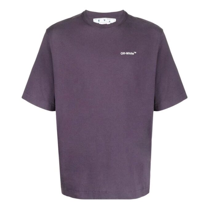 Off-White Men’ s Chest Logo Back Carravagio Printing Round Neck Short Sleeve Purple T-Shirt