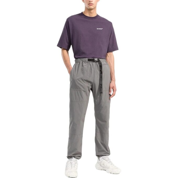 Off-White Men’ s Chest Logo Back Carravagio Printing Round Neck Short Sleeve Purple T-Shirt