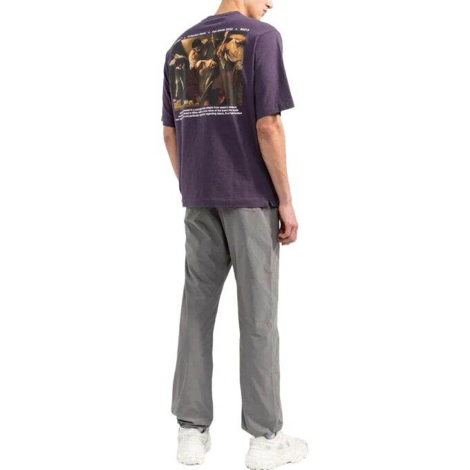 Off-White Men’ s Chest Logo Back Carravagio Printing Round Neck Short Sleeve Purple T-Shirt