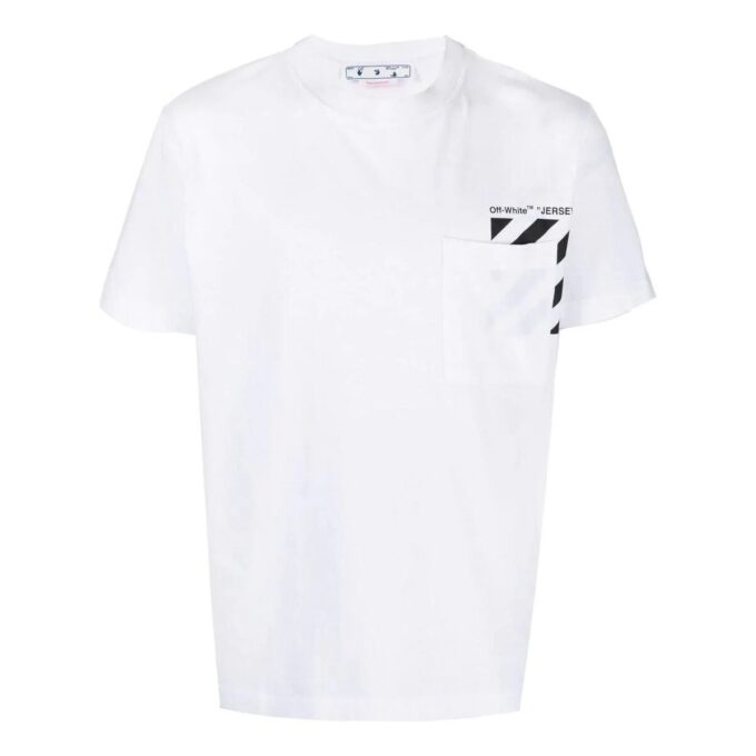 Off-White Men’ s Chest Stripe Pocket Round Neck Short Sleeve White T-Shirt