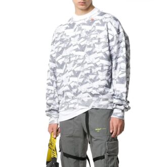 Off-White Men’ s Cotton Geometry Pattern Full Print Round Neck Long Sleeves White