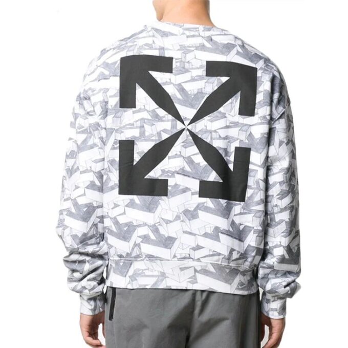 Off-White Men’ s Cotton Geometry Pattern Full Print Round Neck Long Sleeves White