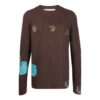 Off-White Men’ s Embroidered Ribbed Knit Pullover Wool Sweater Brown