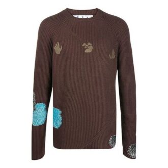 Off-White Men’ s Embroidered Ribbed Knit Pullover Wool Sweater Brown