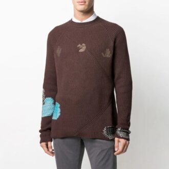 Off-White Men’ s Embroidered Ribbed Knit Pullover Wool Sweater Brown