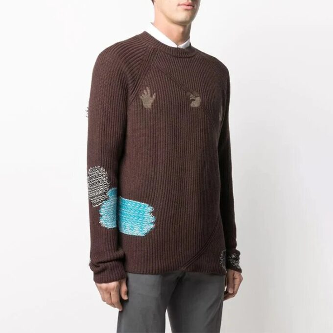 Off-White Men’ s Embroidered Ribbed Knit Pullover Wool Sweater Brown