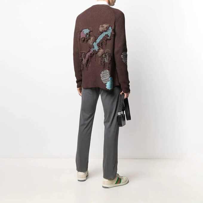 Off-White Men’ s Embroidered Ribbed Knit Pullover Wool Sweater Brown