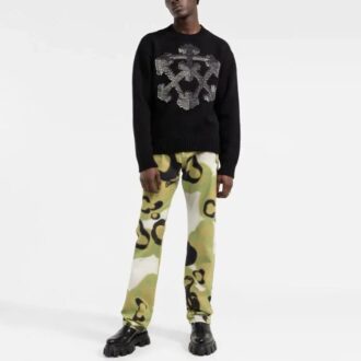 Off-White Men’ s FW21 3D Arrow Pattern Knit Pullover Wool Sweater Loose Fit Black Off-White Men’ s FW21 3D Arrow Pattern Knit Pullover Wool Sweater Loose Fit Black